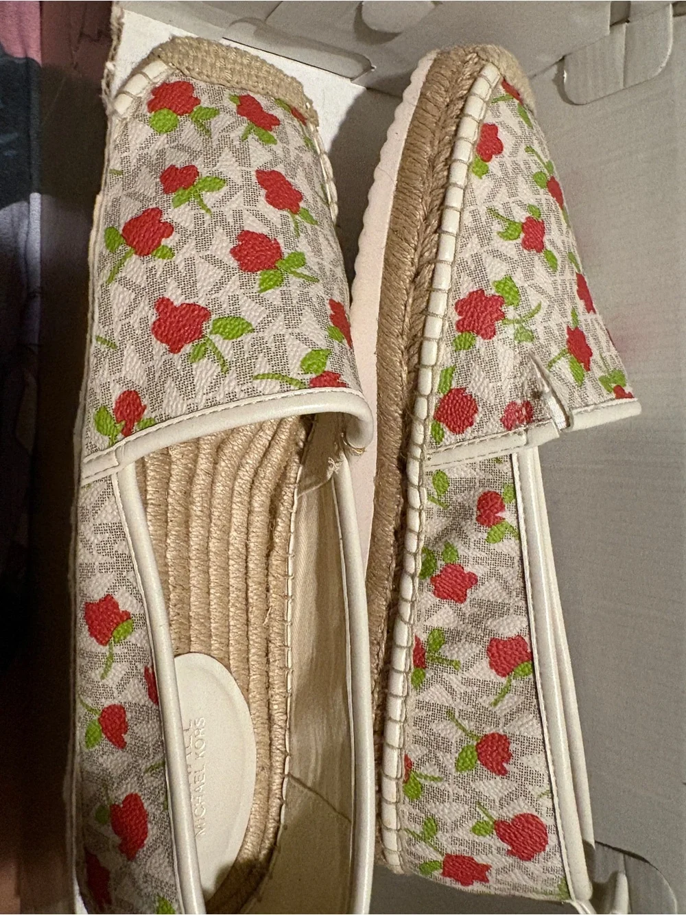 Michael Kors Cream Espadrille Flats with Red Rose Print